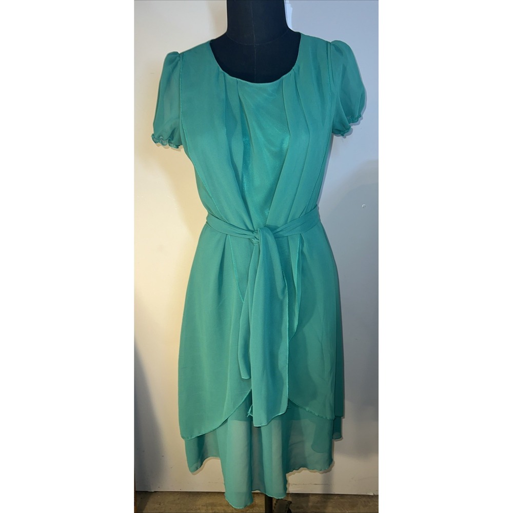 Green Flowy Dress Midi Sz Large Shear Overlay Cocktail Whimsy Fairy